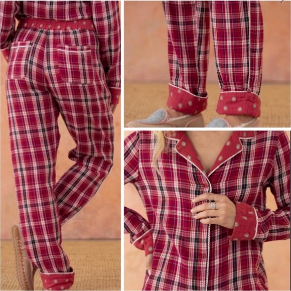 NEW Sundance Truly Tartan Red Plaid Pajama Button Top With Bottom Cuff Set Small - Picture 3 of 8